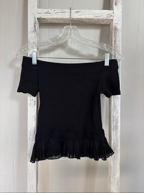 Zara Black Off-Shoulder Ruffle-Hem Crop Top